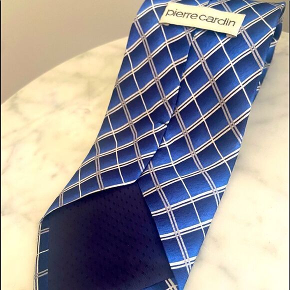 PIERRE CARDIN Multiple Blue Diaganol Striped Checkered 100% Silk Tie - Picture 10 of 11